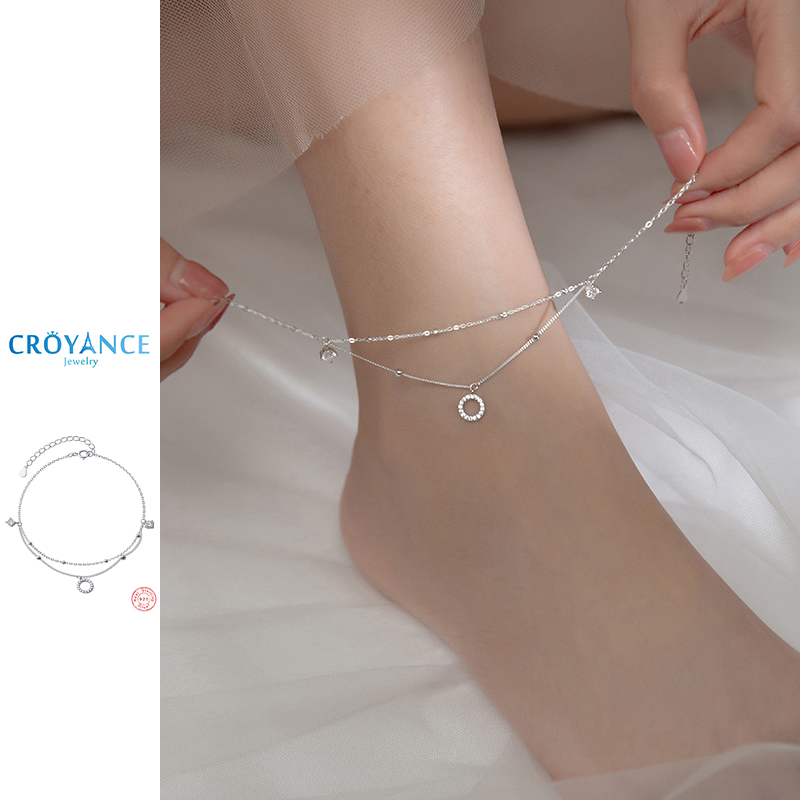 Anklet Foot Chain - 우아한 원형 지르콘 펜던트 이중 레이어