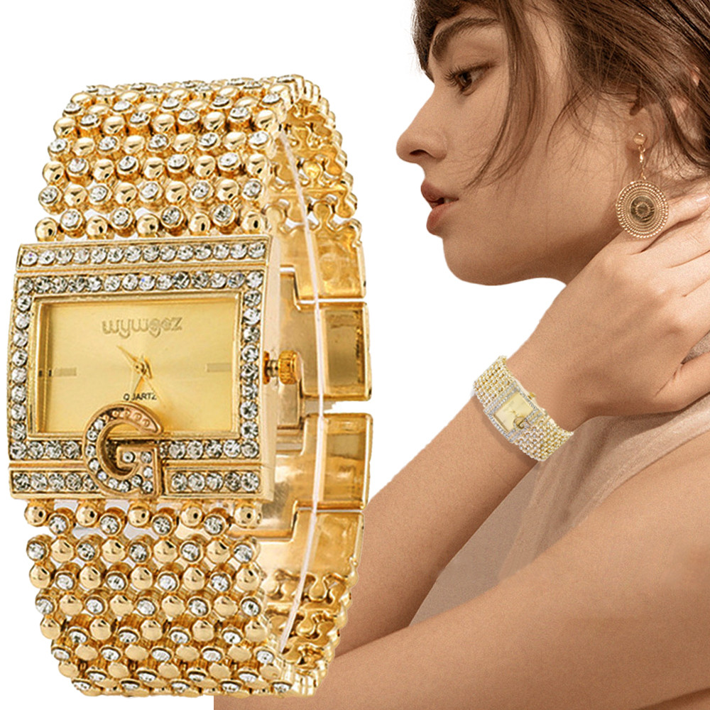 Jewelry Diamond Watches - 심플 스퀘어 골드 시계, 합금 팔찌,