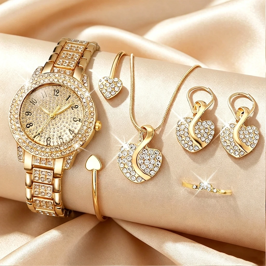 6종 패션 라인스톤 여성 시계 하트 쥬얼리 세트 고급  - Jewelry Watches Luxury 리뷰 및 가격